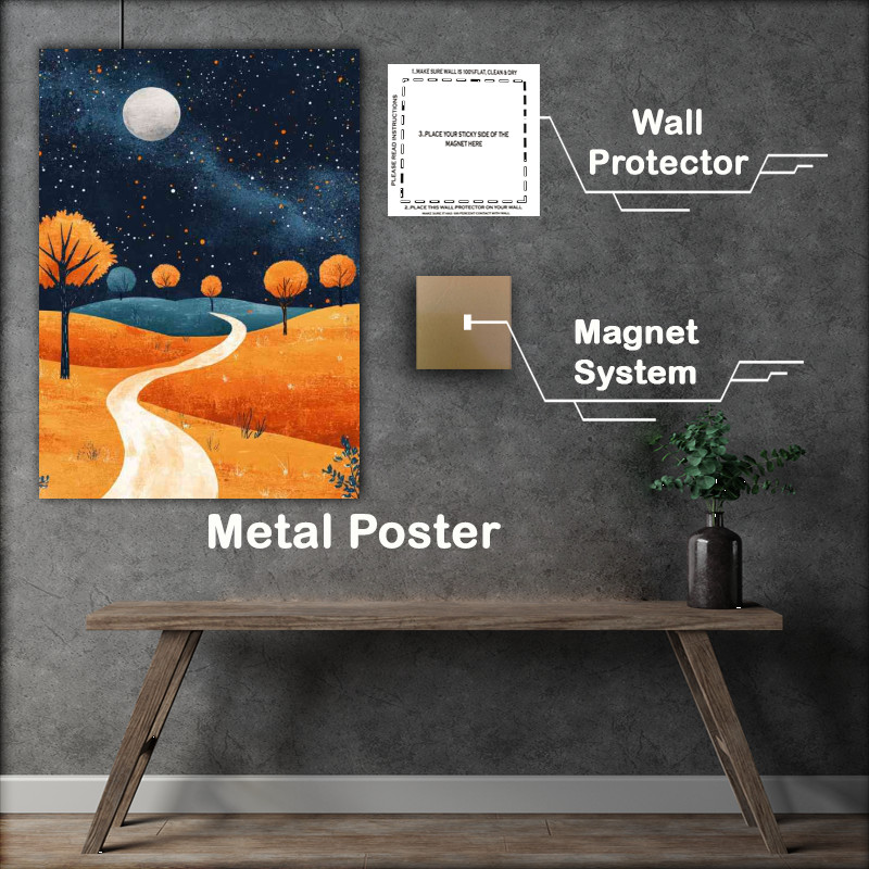 Buy Metal Poster : (Starry night sky with the moon casting its glow on the pathway)