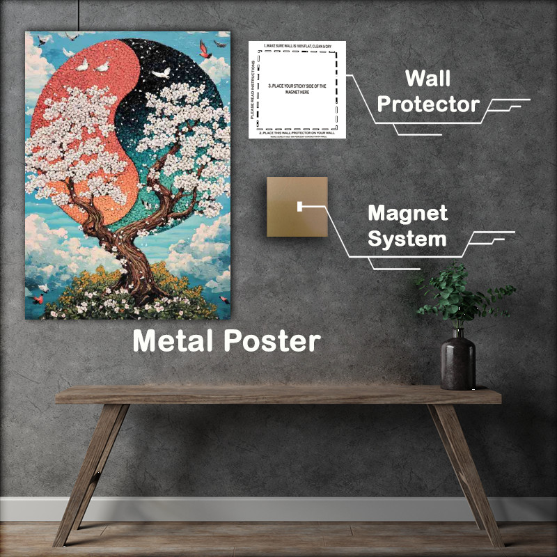 Buy Metal Poster : (Yin yang symbol made of cherry blossoms and white flowers)