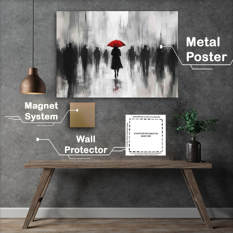 Buy Metal Poster : (Woman with an umbrella walks through the city art)