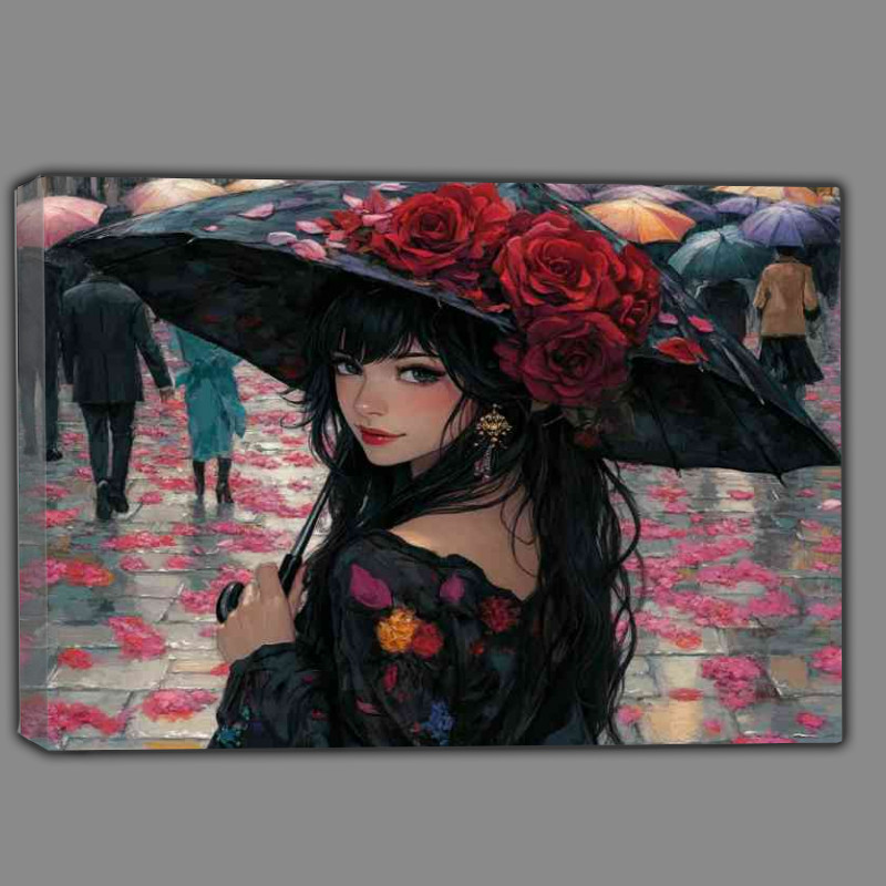 Buy Canvas : (Woman with long black hair and flowers in umberella)