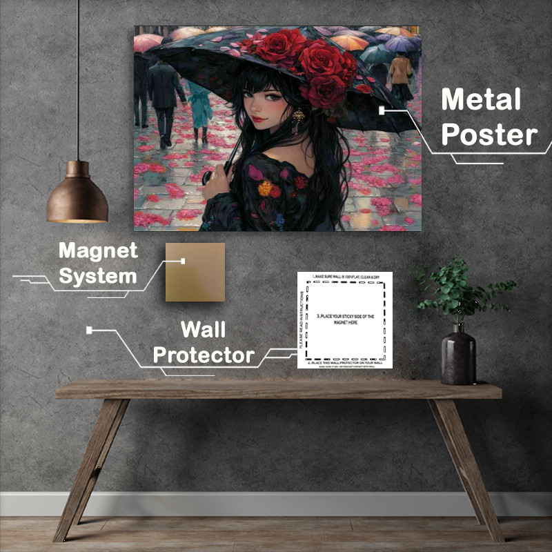Buy Metal Poster : (Woman with long black hair and flowers in umberella)