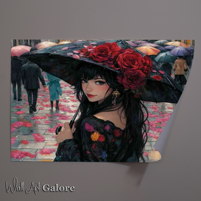 Buy Unframed Poster : (Woman with long black hair and flowers in umberella)