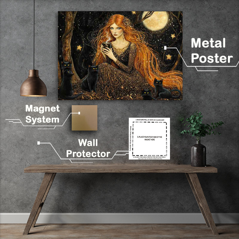 Buy Metal Poster : (Woman with long red hair and big eyes with cats)