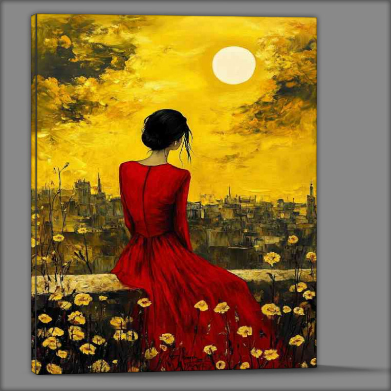Buy Canvas : (Woman in a red dress sitting on a wall with flowers)