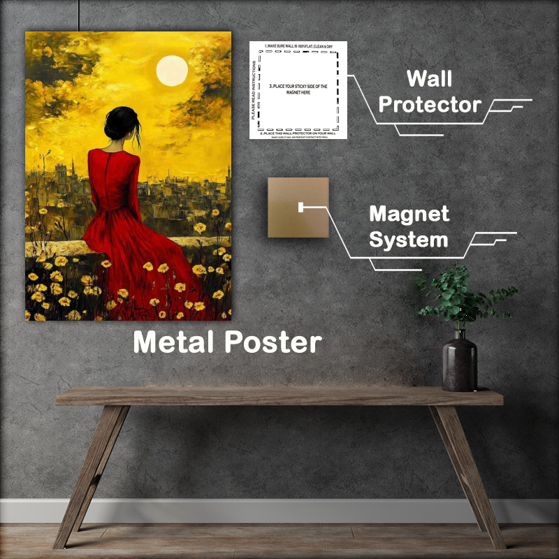 Buy Metal Poster : (Woman in a red dress sitting on a wall with flowers)