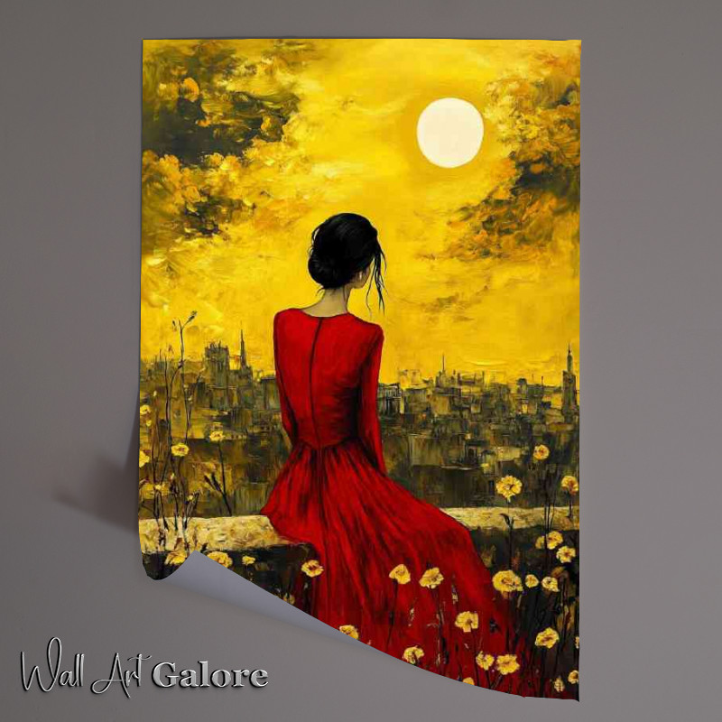 Buy Unframed Poster : (Woman in a red dress sitting on a wall with flowers)