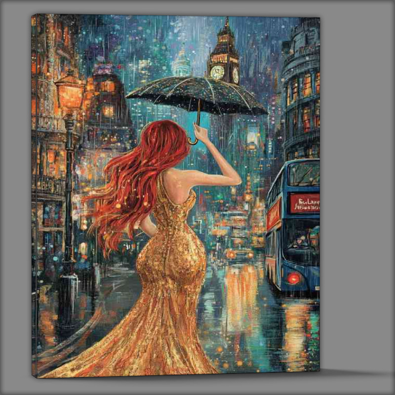 Buy Canvas : (Woman with long red hair in an elegant gold dress its raining)