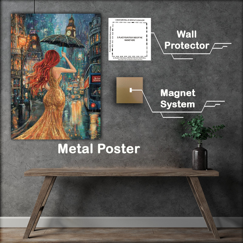 Buy Metal Poster : (Woman with long red hair in an elegant gold dress its raining)