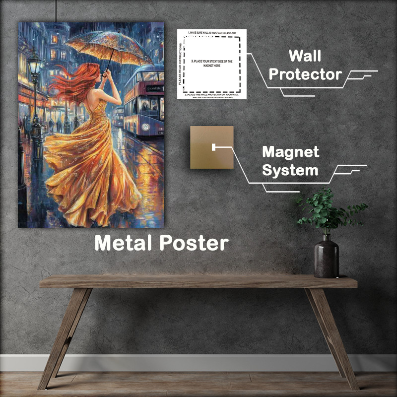 Buy Metal Poster : (Woman with long red hair in gold in the city)