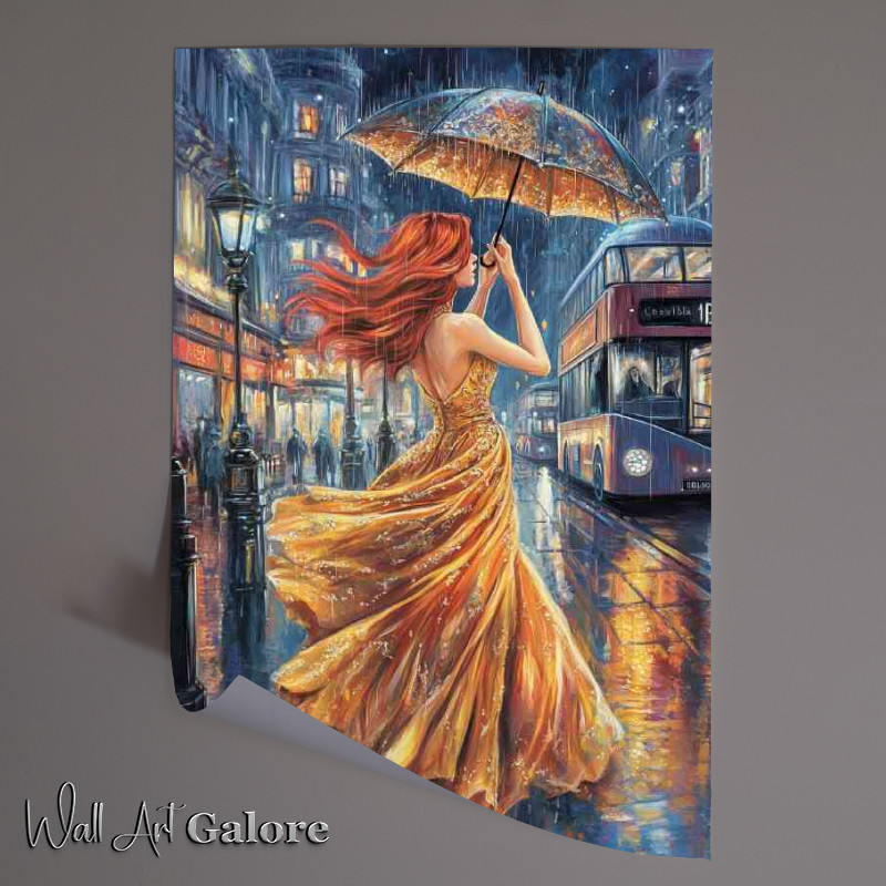 Buy Unframed Poster : (Woman with long red hair in gold in the city)