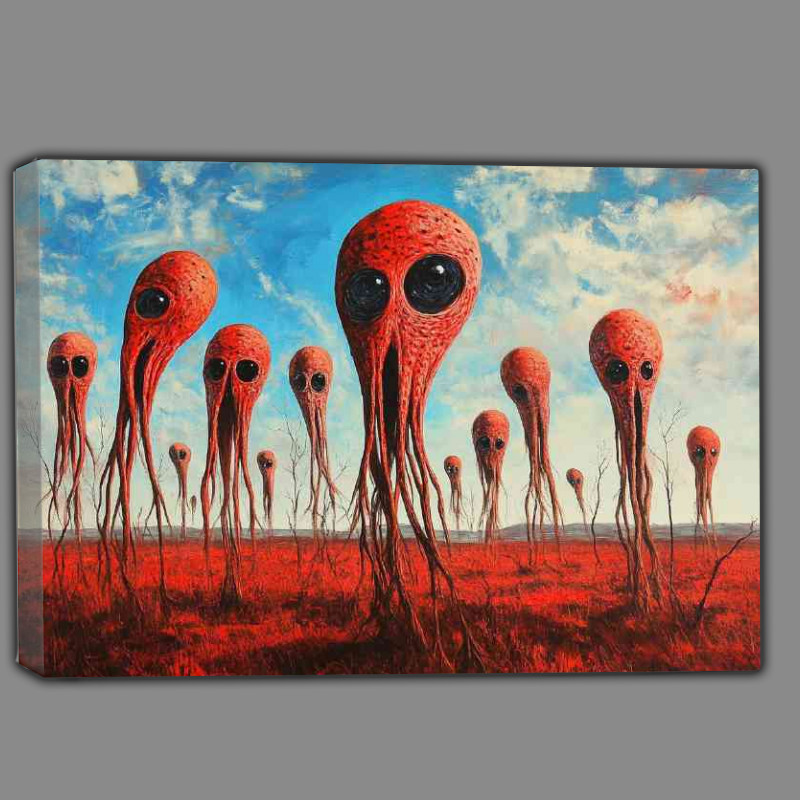 Buy Canvas : (Oil painting of multiple surreal red alien heads)