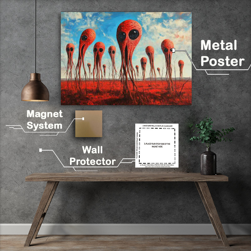 Buy Metal Poster : (Oil painting of multiple surreal red alien heads)
