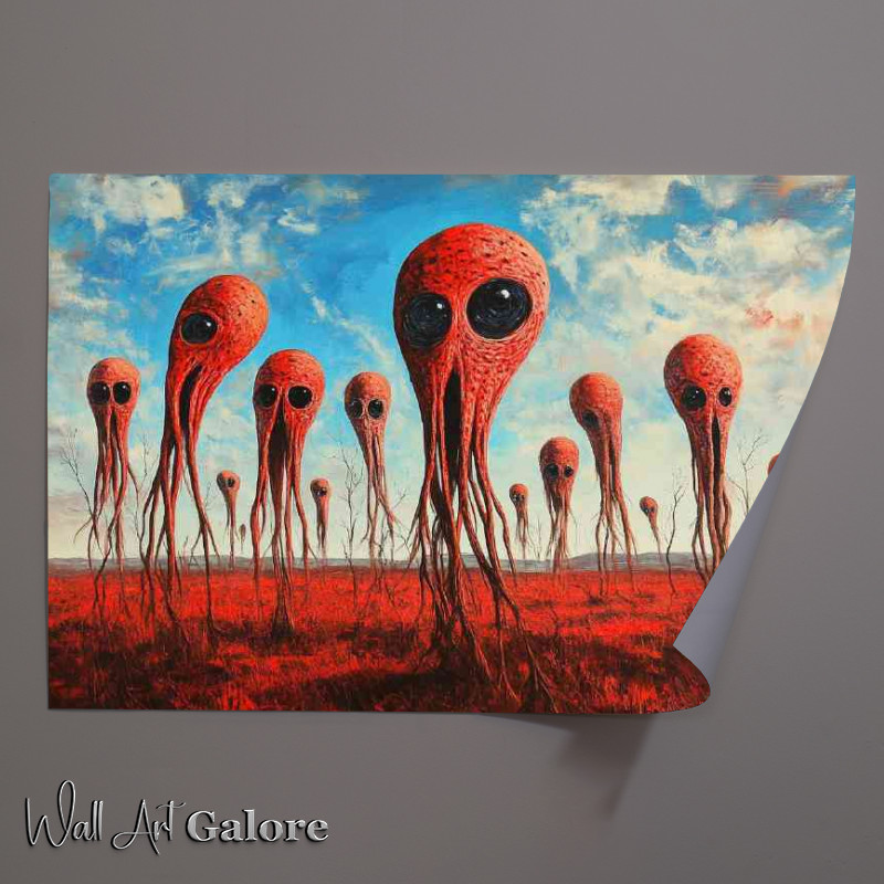 Buy Unframed Poster : (Oil painting of multiple surreal red alien heads)