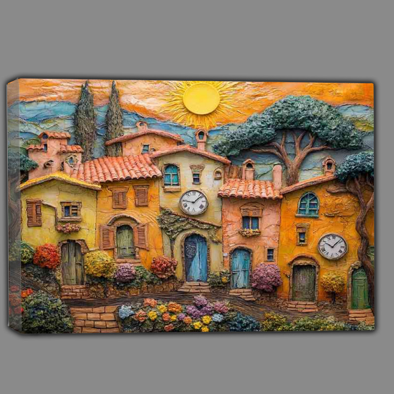 Buy Canvas : (Tuscan village houses with clocks on the walls sun)