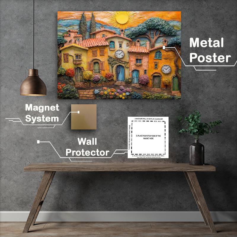 Buy Metal Poster : (Tuscan village houses with clocks on the walls sun)