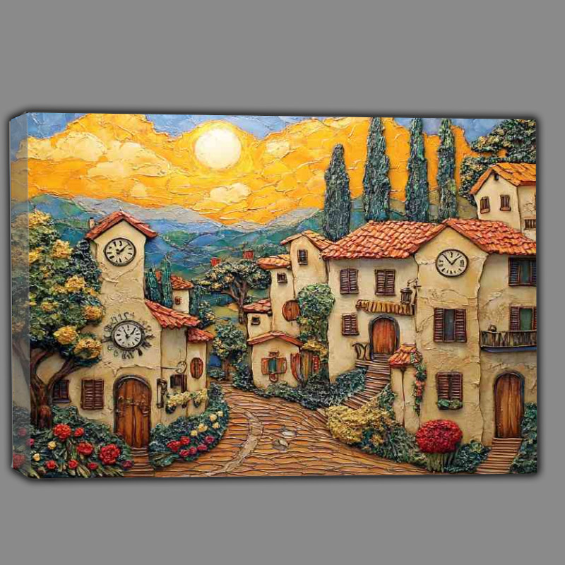 Buy Canvas : (Tuscan village houses with clocks on the walls sun in abstract style)