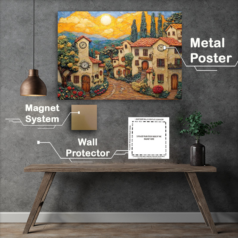 Buy Metal Poster : (Tuscan village houses with clocks on the walls sun in abstract style)