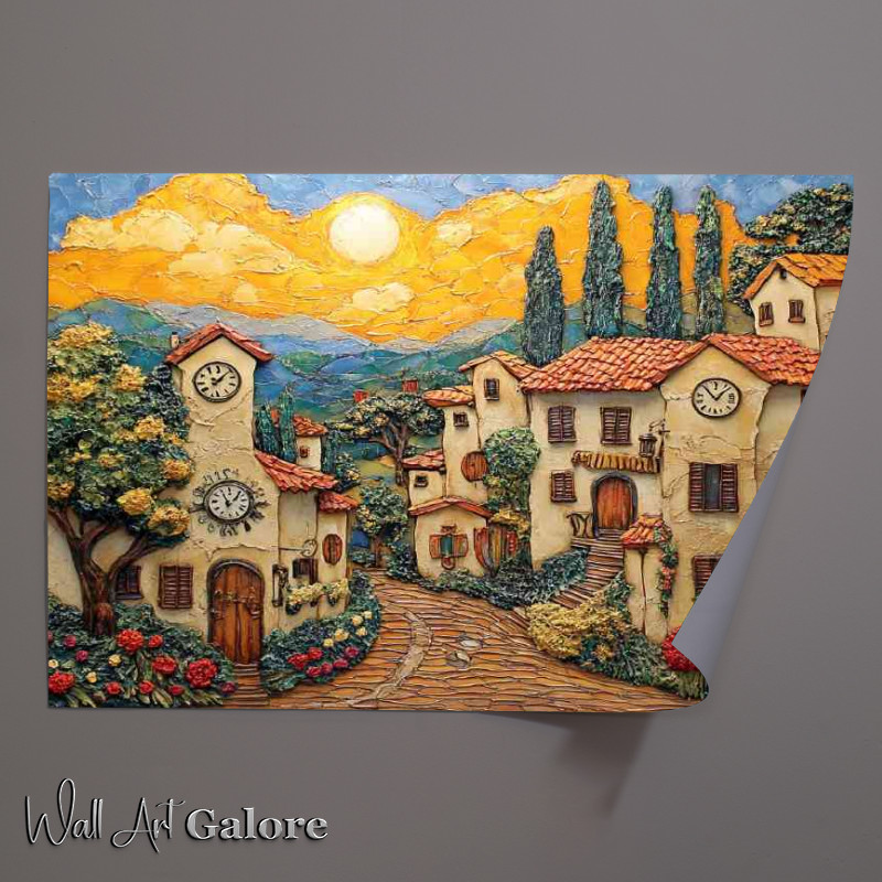 Buy Unframed Poster : (Tuscan village houses with clocks on the walls sun in abstract style)