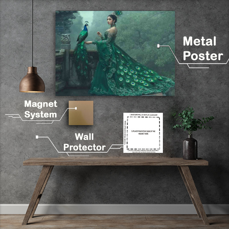Buy Metal Poster : (Woman in an emerald green dress with peacock)