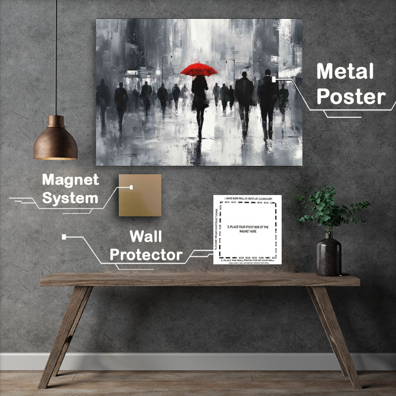Buy Metal Poster : (Woman with an umbrella walks through the city)