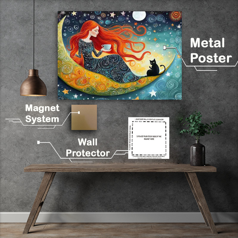 Buy Metal Poster : (Woman with long red hair sitting on the moon with stars)