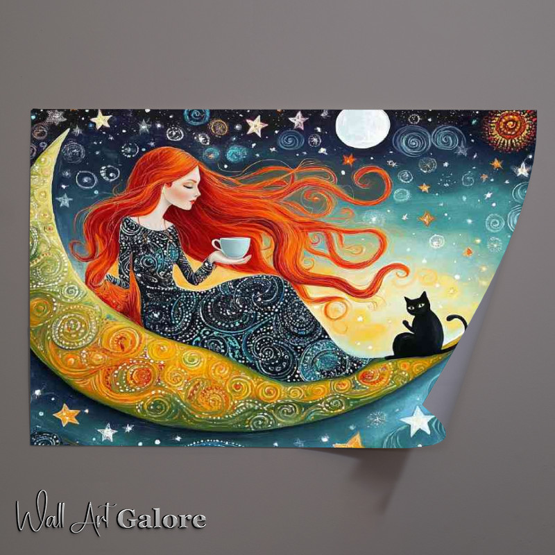 Buy Unframed Poster : (Woman with long red hair sitting on the moon with stars)