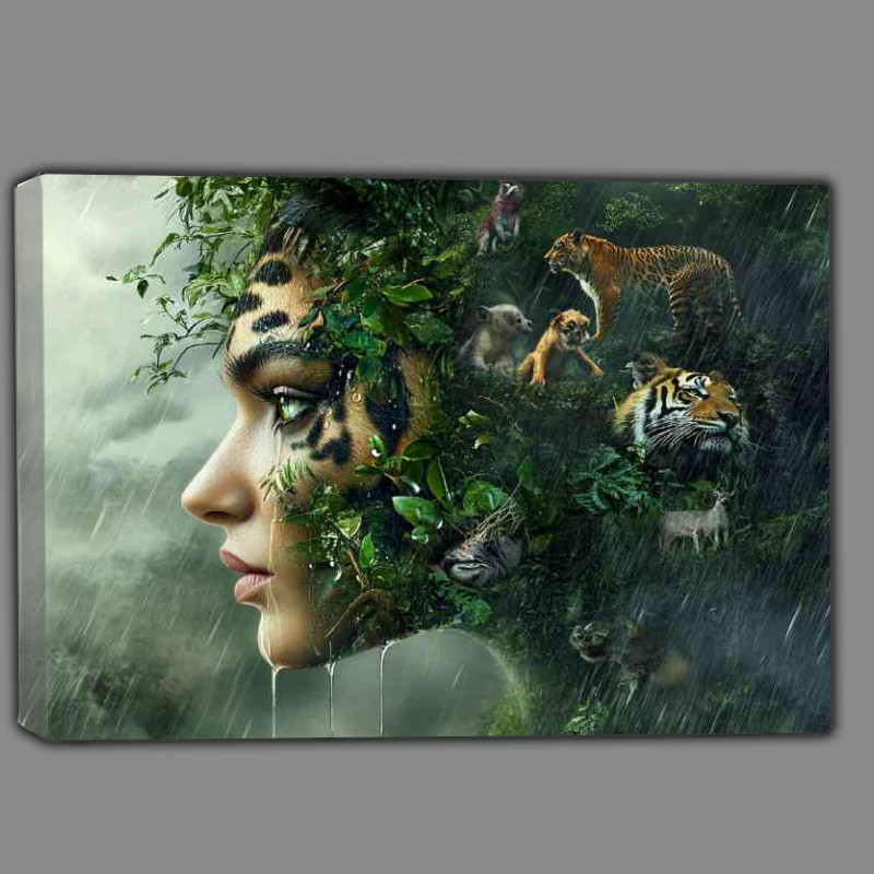 Buy Canvas : (Womans face made of jungle foliage with animals transforming)
