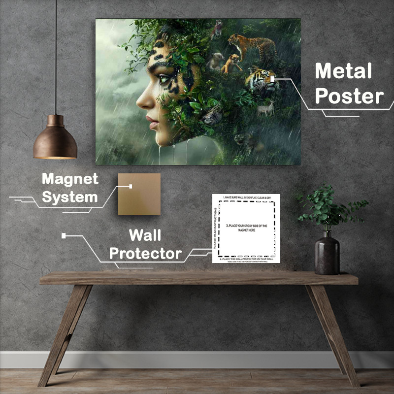 Buy Metal Poster : (Womans face made of jungle foliage with animals transforming)