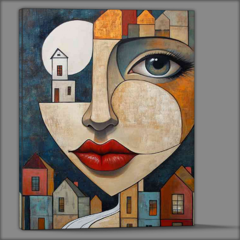 Buy Canvas : (Abstract cubist painting of face with houses and moon)