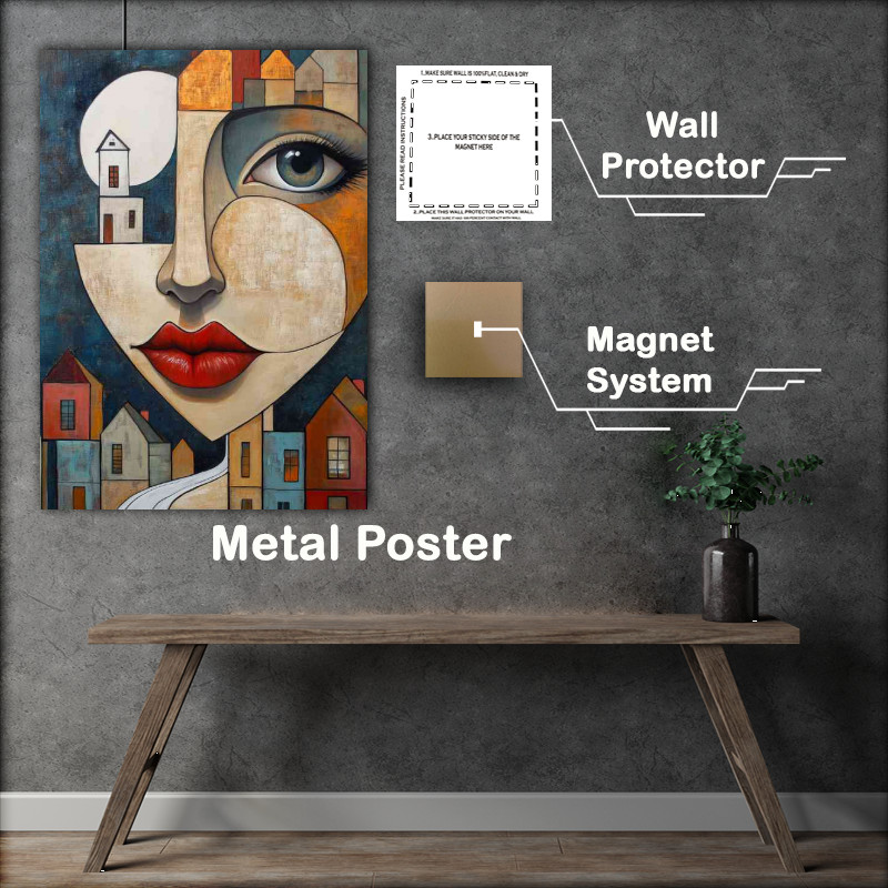 Buy Metal Poster : (Abstract cubist painting of face with houses and moon)