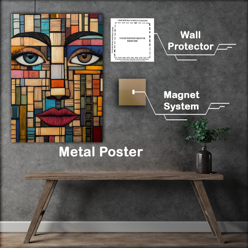 Buy Metal Poster : (Face made of books and ladders with the eyes open red lips)
