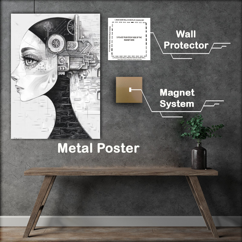 Buy Metal Poster : (Monochromatic side profile of a woman s face industrial age)