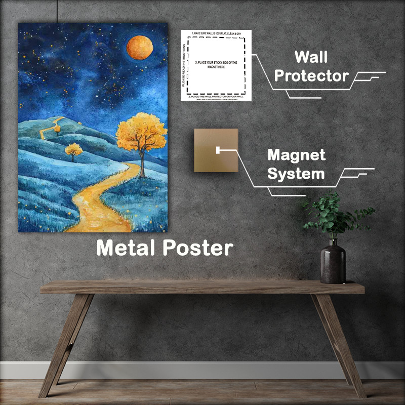 Buy Metal Poster : (Starry night sky yellow trees and blue hils)