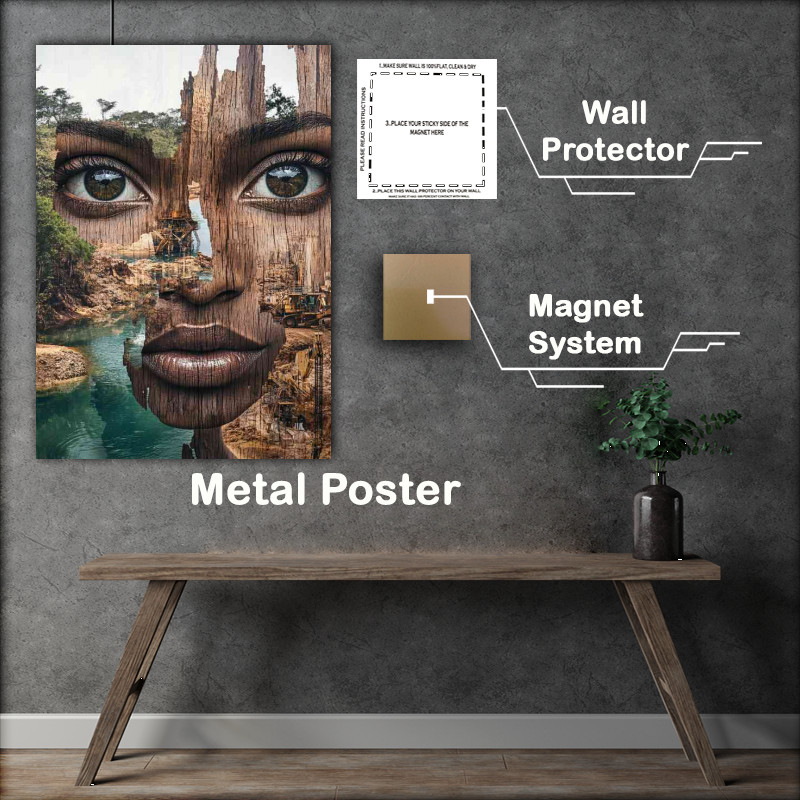 Buy Metal Poster : (Surrealistic art print of an African womans face made from wood)