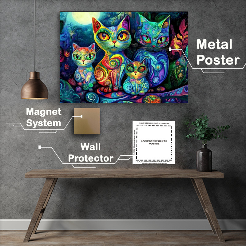 Buy Metal Poster : (Cute cat family in the style of colorful psychedelic)