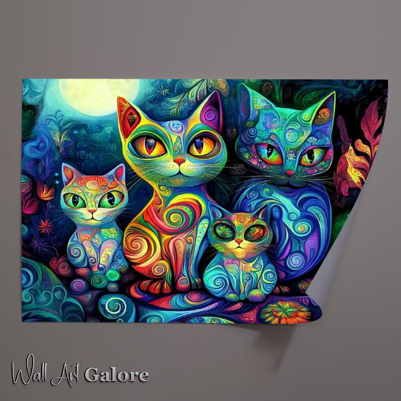Buy Unframed Poster : (Cute cat family in the style of colorful psychedelic)