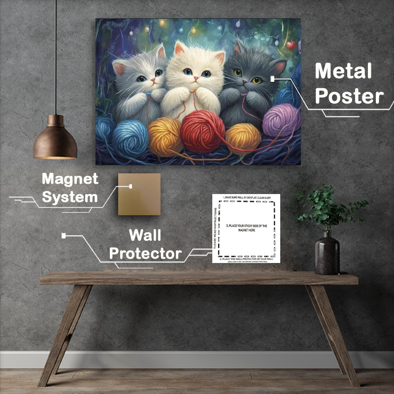 Buy Metal Poster : (Three cute cats playing with yarn)