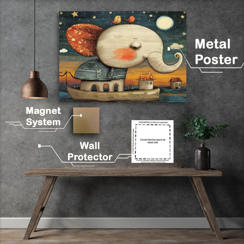 Buy Metal Poster : (Whimsical a night sky elephant on a boat)
