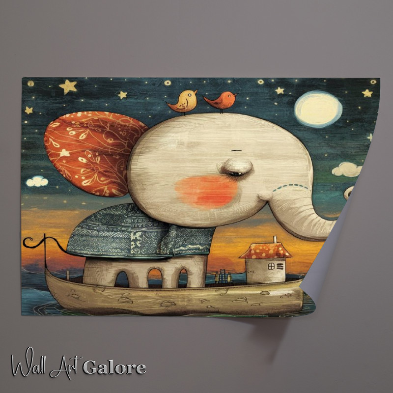 Buy Unframed Poster : (Whimsical a night sky elephant on a boat)