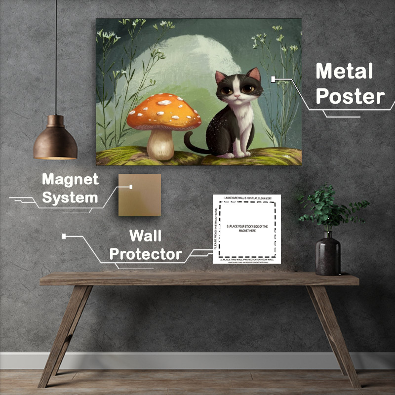Buy Metal Poster : (Whimsical cat and the mushroom)
