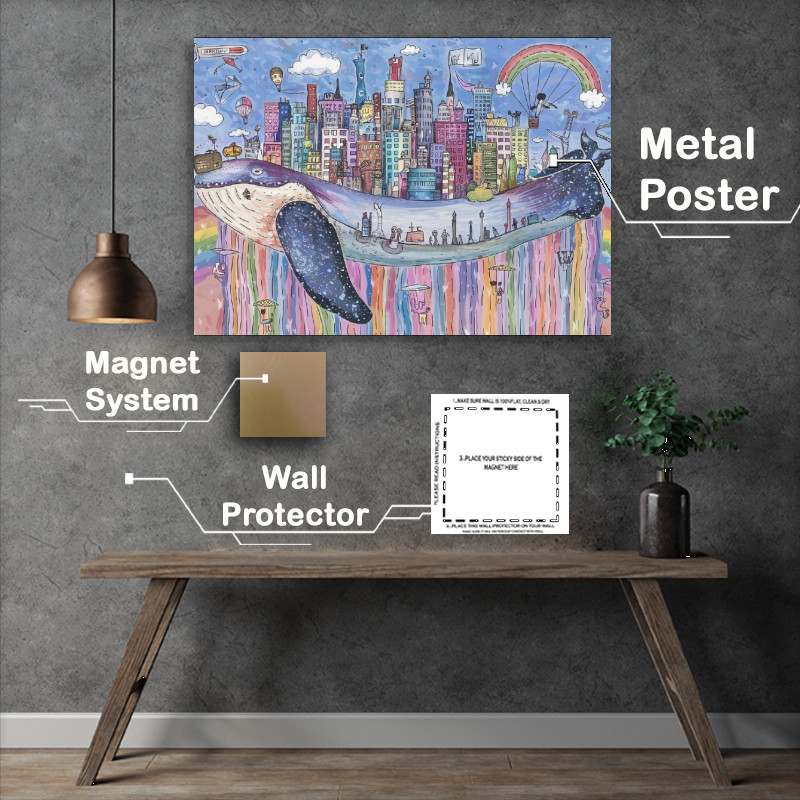 Buy Metal Poster : (Whimsical cityscape perched atop a gigantic whale)