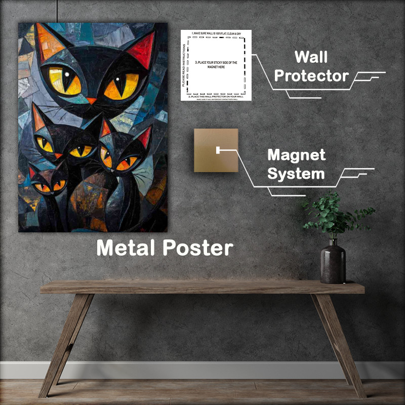 Buy Metal Poster : (Black Cats Family big eyes in the style of Cubism)