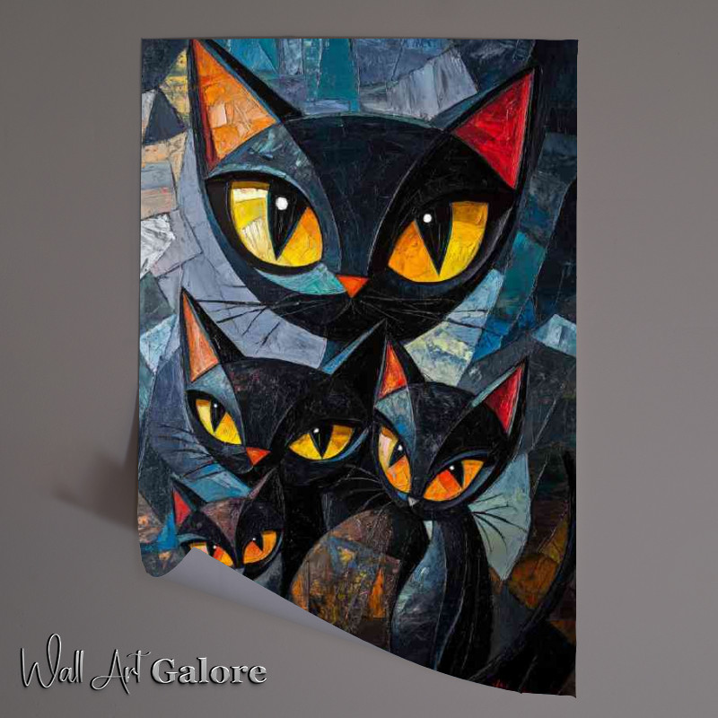 Buy Unframed Poster : (Black Cats Family big eyes in the style of Cubism)