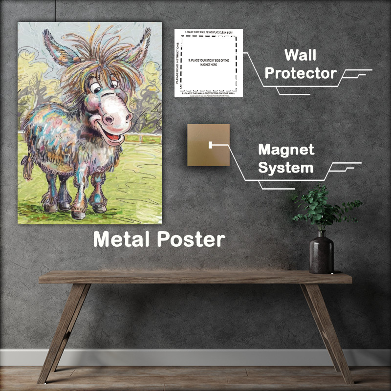 Buy Metal Poster : (Colour graphite pencil drawing of a happy shaggy standing donkey)