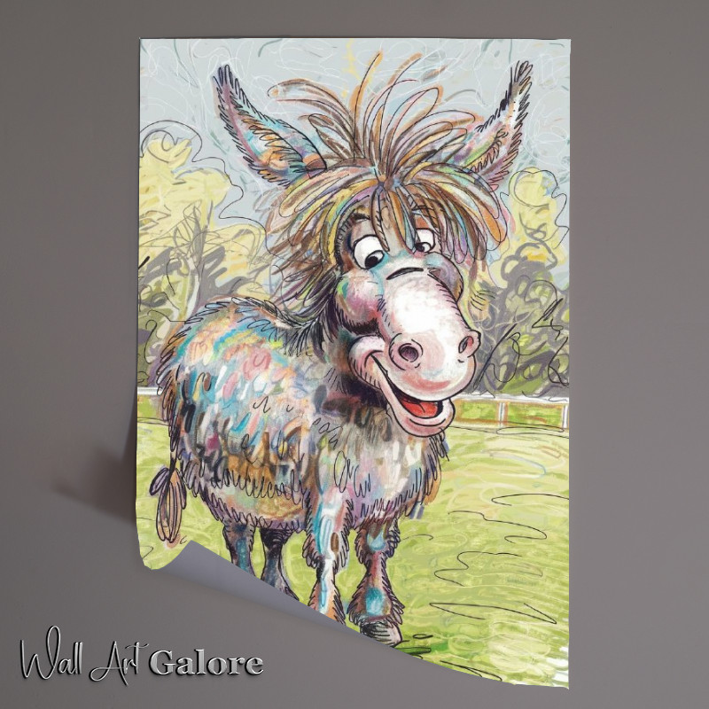 Buy Unframed Poster : (Colour graphite pencil drawing of a happy shaggy standing donkey)