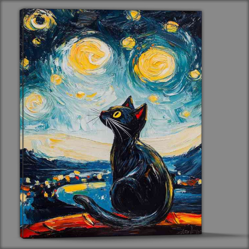 Buy Canvas : (Starry Night with Black Cat in the style of Vincent van gough)