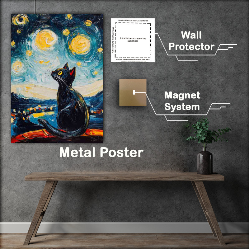 Buy Metal Poster : (Starry Night with Black Cat in the style of Vincent van gough)