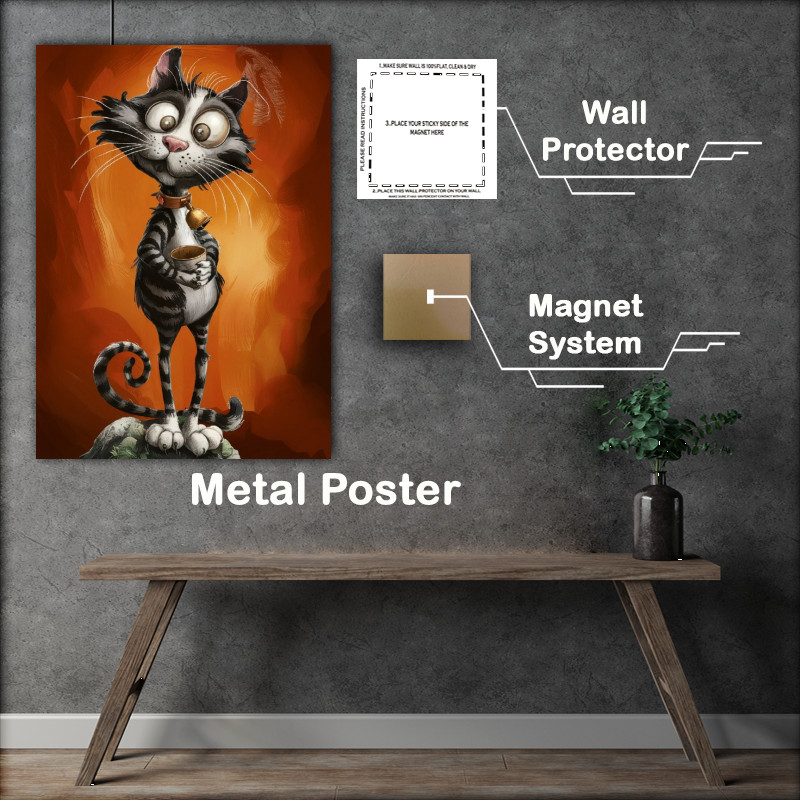 Buy Metal Poster : (Whimsical tall cat drinking coffee)