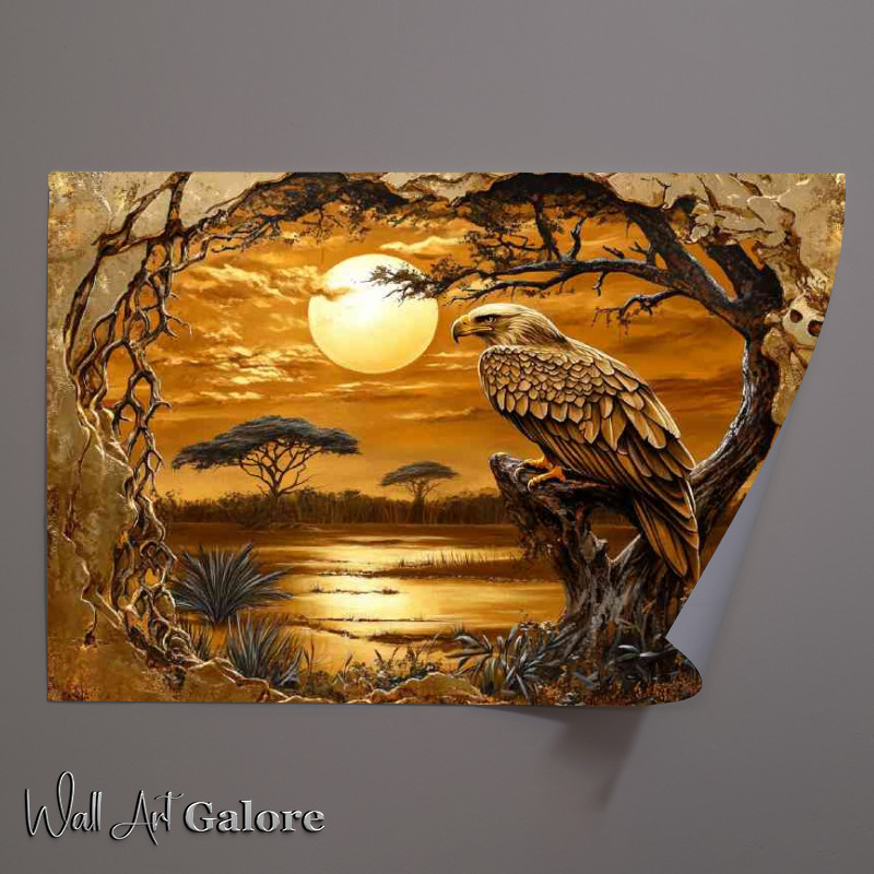 Buy Unframed Poster : (African gold design with an eagle and African savanna)