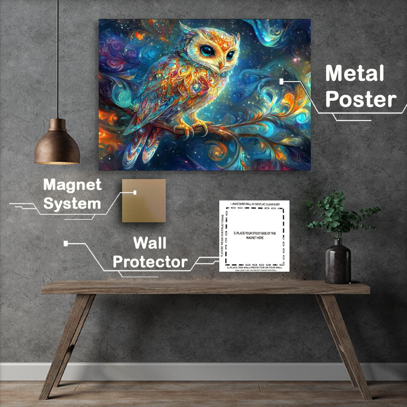 Buy Metal Poster : (An owl perched on an intricate branch surrounded by swirly skies)